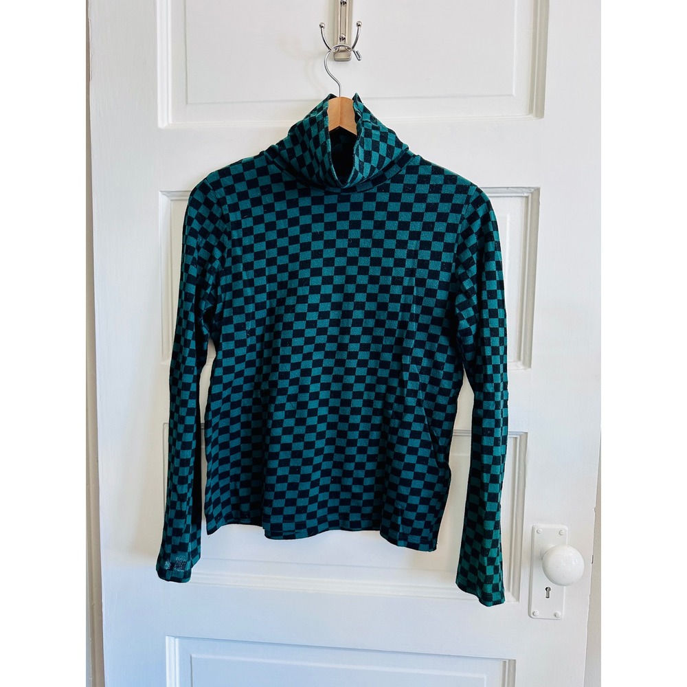 Nice Things Paloma S Green Black Checkered Turtleneck Top WJN004 Womens Sz S